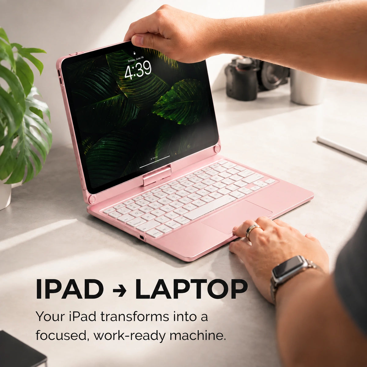Rose Pink rotating tablet keyboard case transforming a tablet into a work station #color_Rose Pink