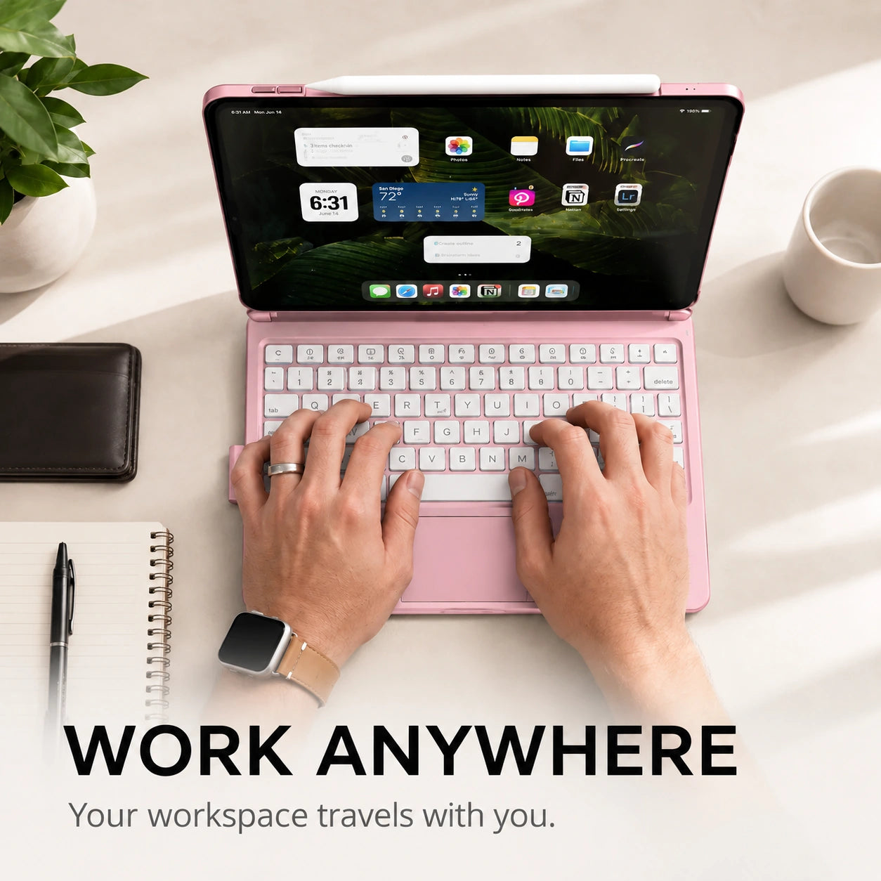 Rose Pink rotating tablet keyboard case used for typing at a desk #color_Rose Pink