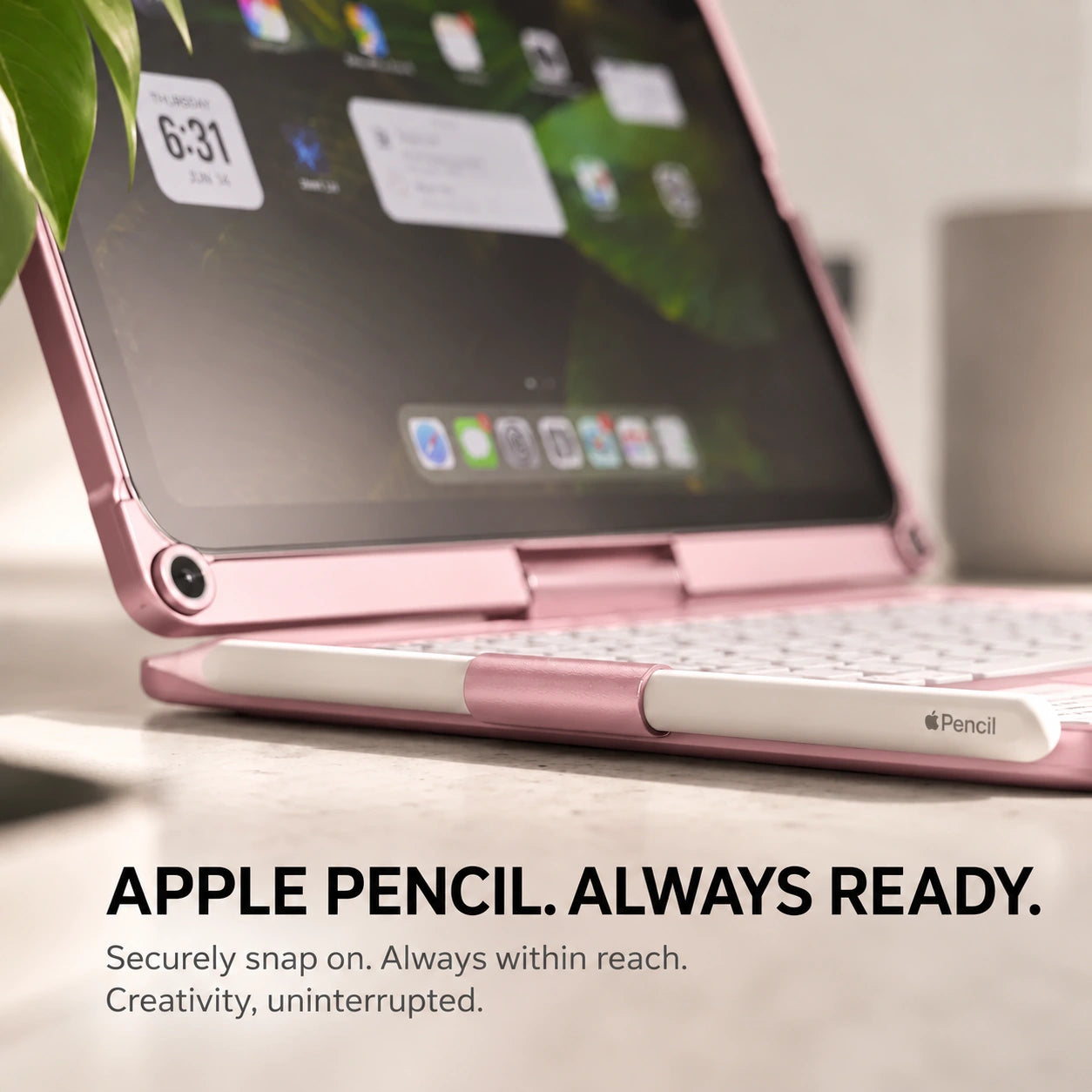 Rose Pink rotating tablet keyboard case with attached stylus #color_Rose Pink