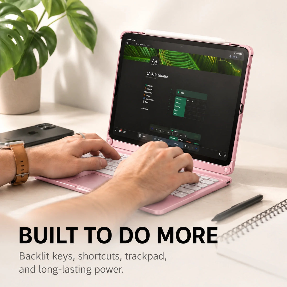 Rose Pink rotating tablet keyboard case with backlit keyboard and trackpad #color_Rose Pink