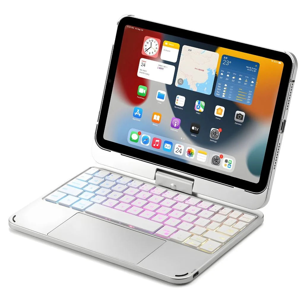 Titanium Silver rotating tablet keyboard case with a model specific tablet #color_Titanium Silver