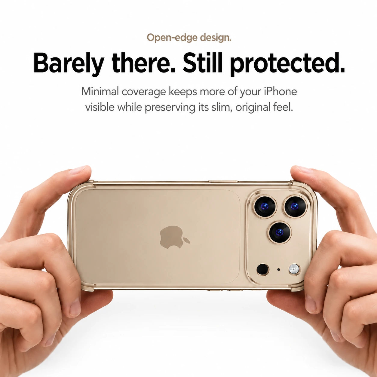 Sand gold minimal metal phone case held horizontally in two hands #color_Desert Gold