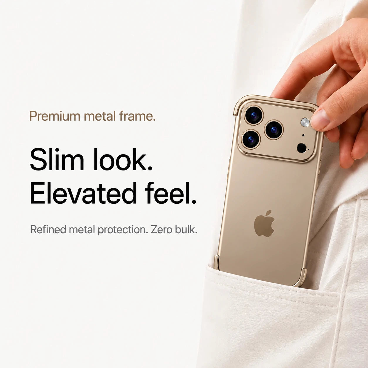Sand gold minimal metal phone case being placed in a light fabric pocket #color_Desert Gold