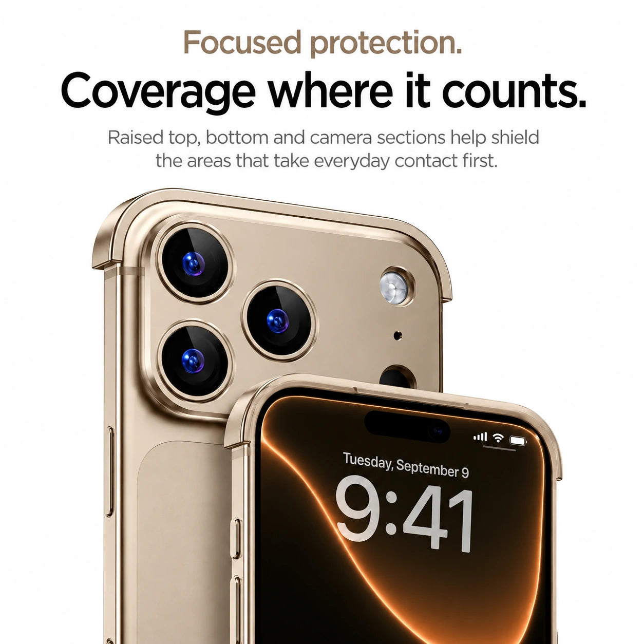Sand gold minimal metal phone case showing raised camera protection and front edge coverage #color_Desert Gold