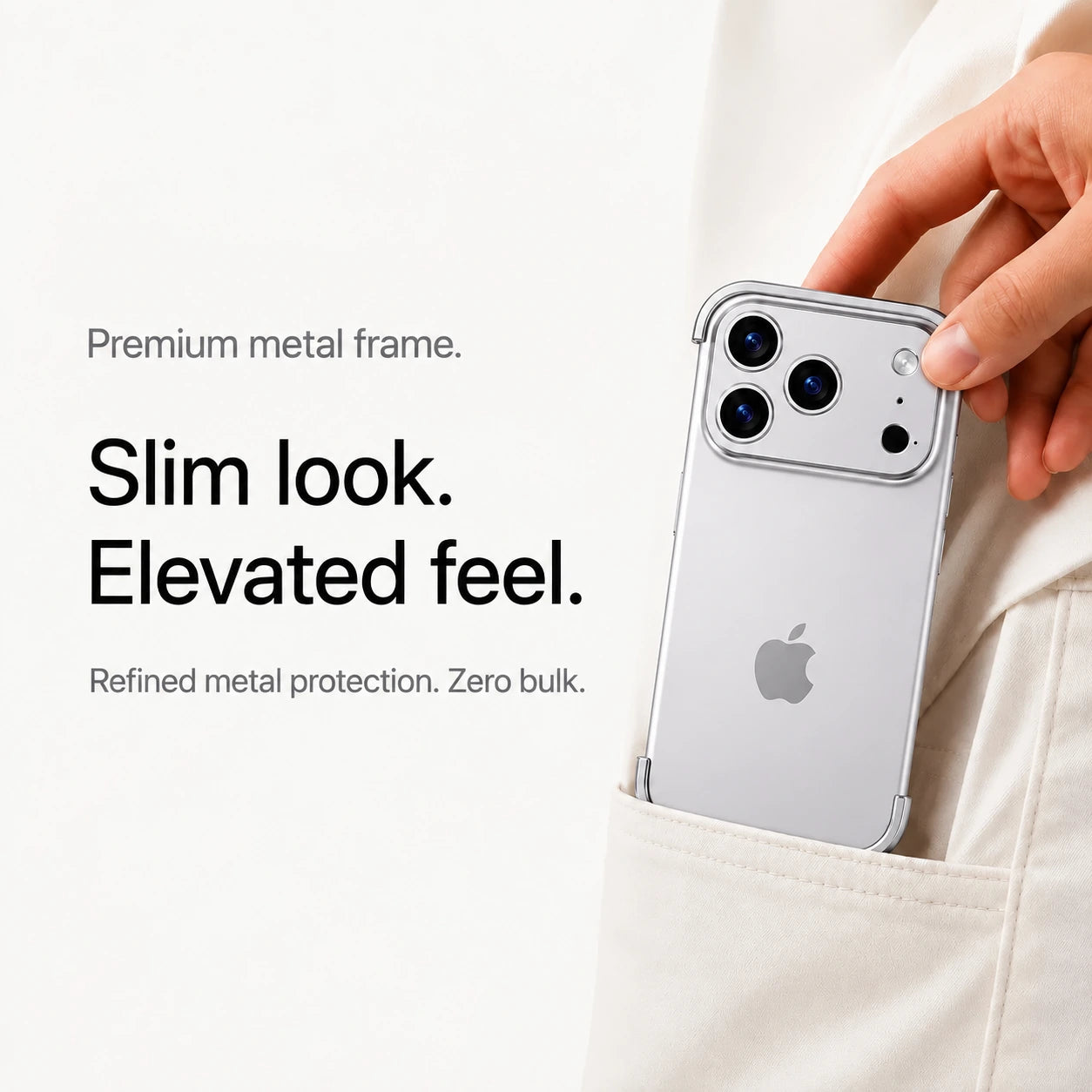 Silver gray minimal metal phone case being placed in a light fabric pocket #color_Titanium Gray