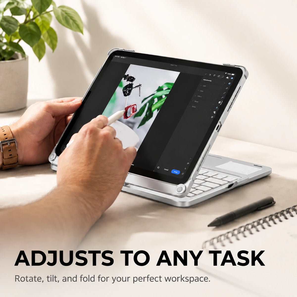 Titanium Silver rotating tablet keyboard case rotated for drawing #color_Titanium Silver