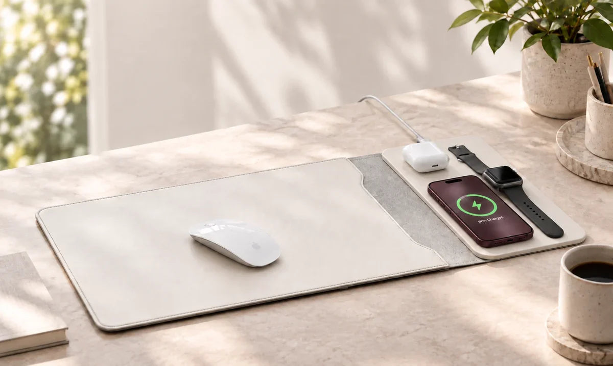 White unfolded charging sleeve used as a desk mat with a mouse and phone.
