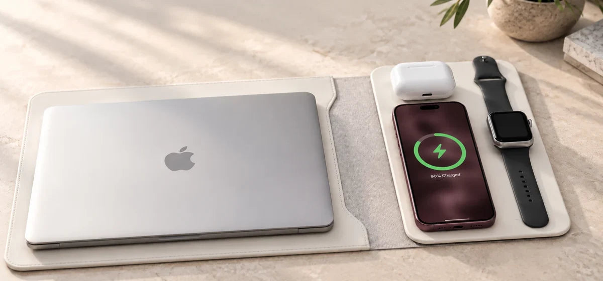 Close-up of a phone, square watch and earbuds on a white charging sleeve panel.