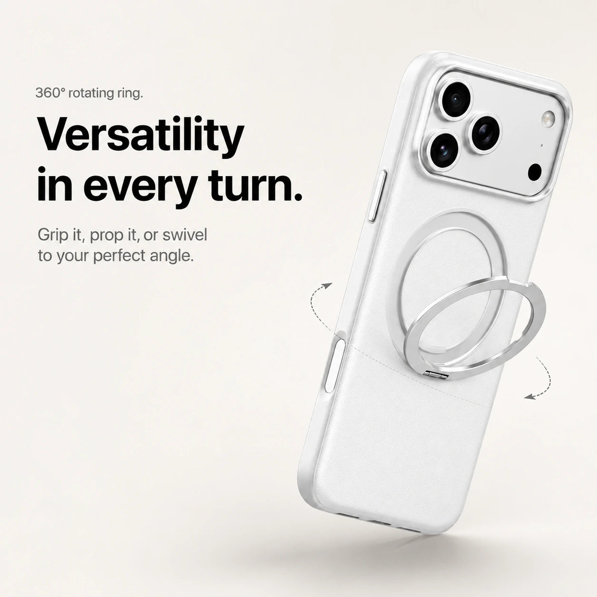 White leather phone case with an adjustable ring stand and rotation arrows #color_Polar White