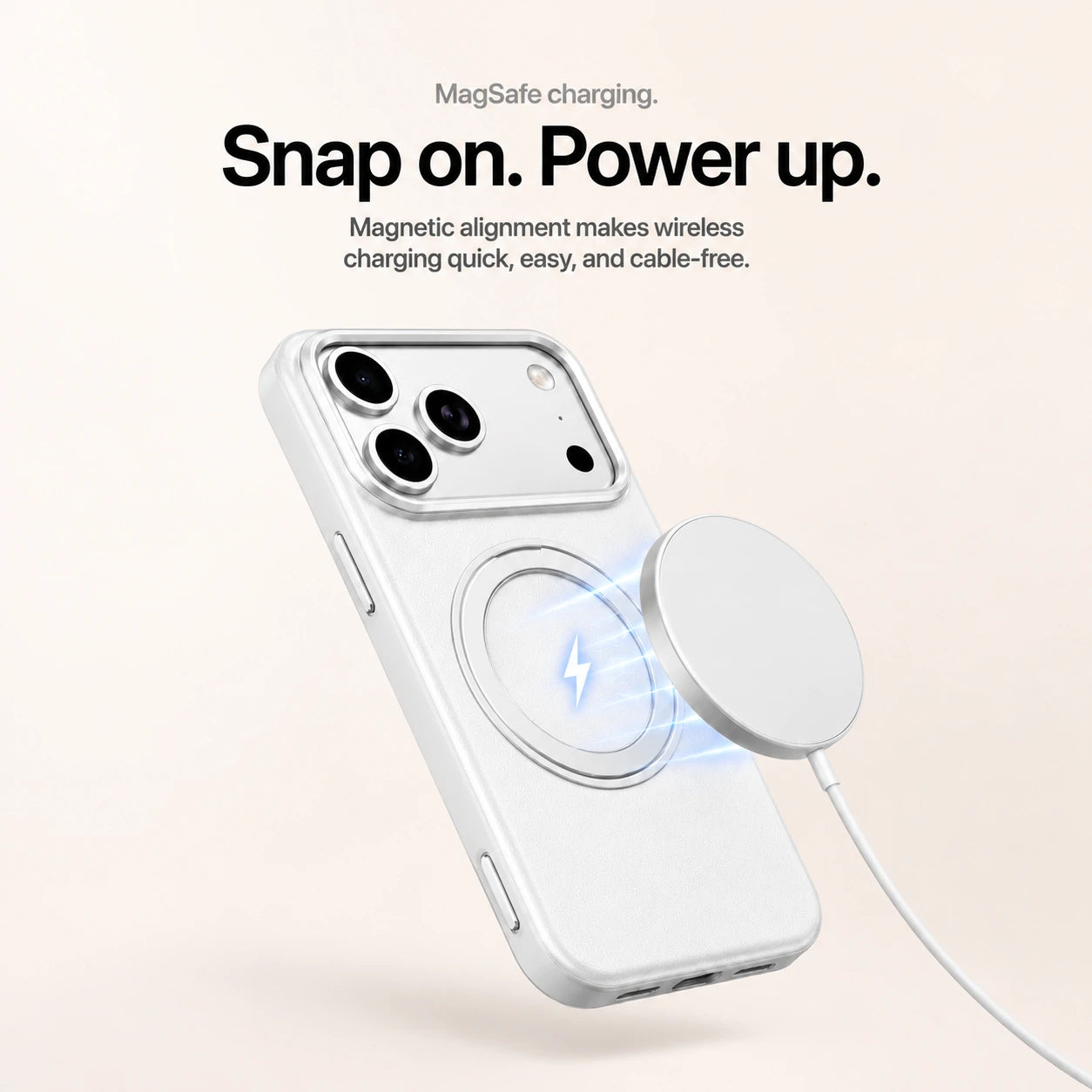 White leather phone case beside a round magnetic wireless charger and white cable #color_Polar White