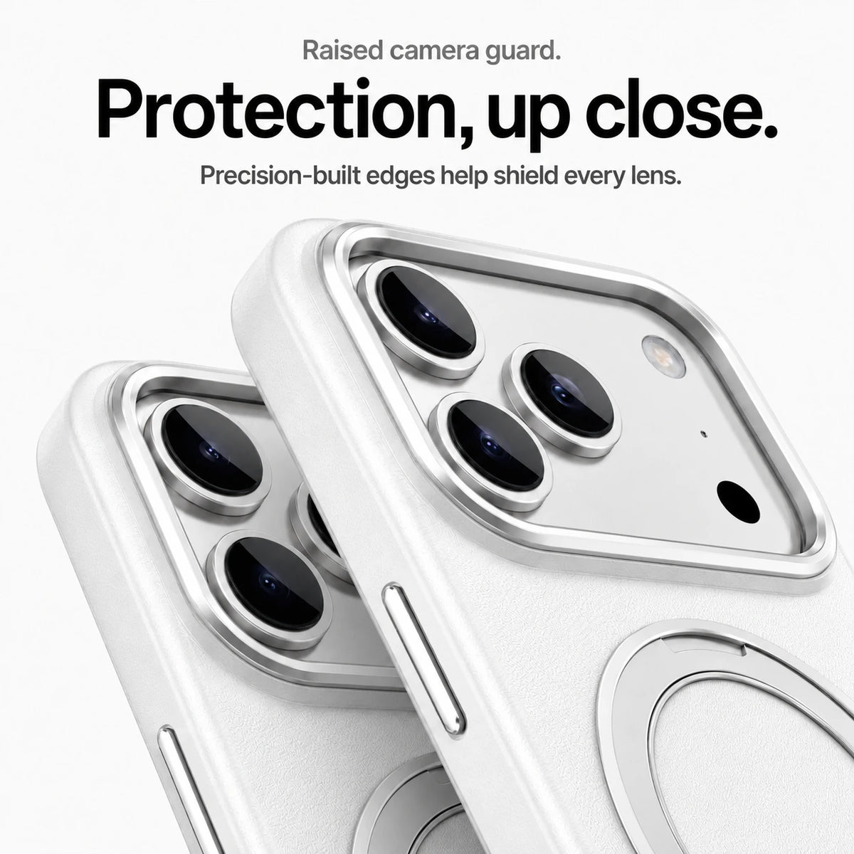 White leather phone cases in close-up showing raised camera guards and lens trim #color_Polar White