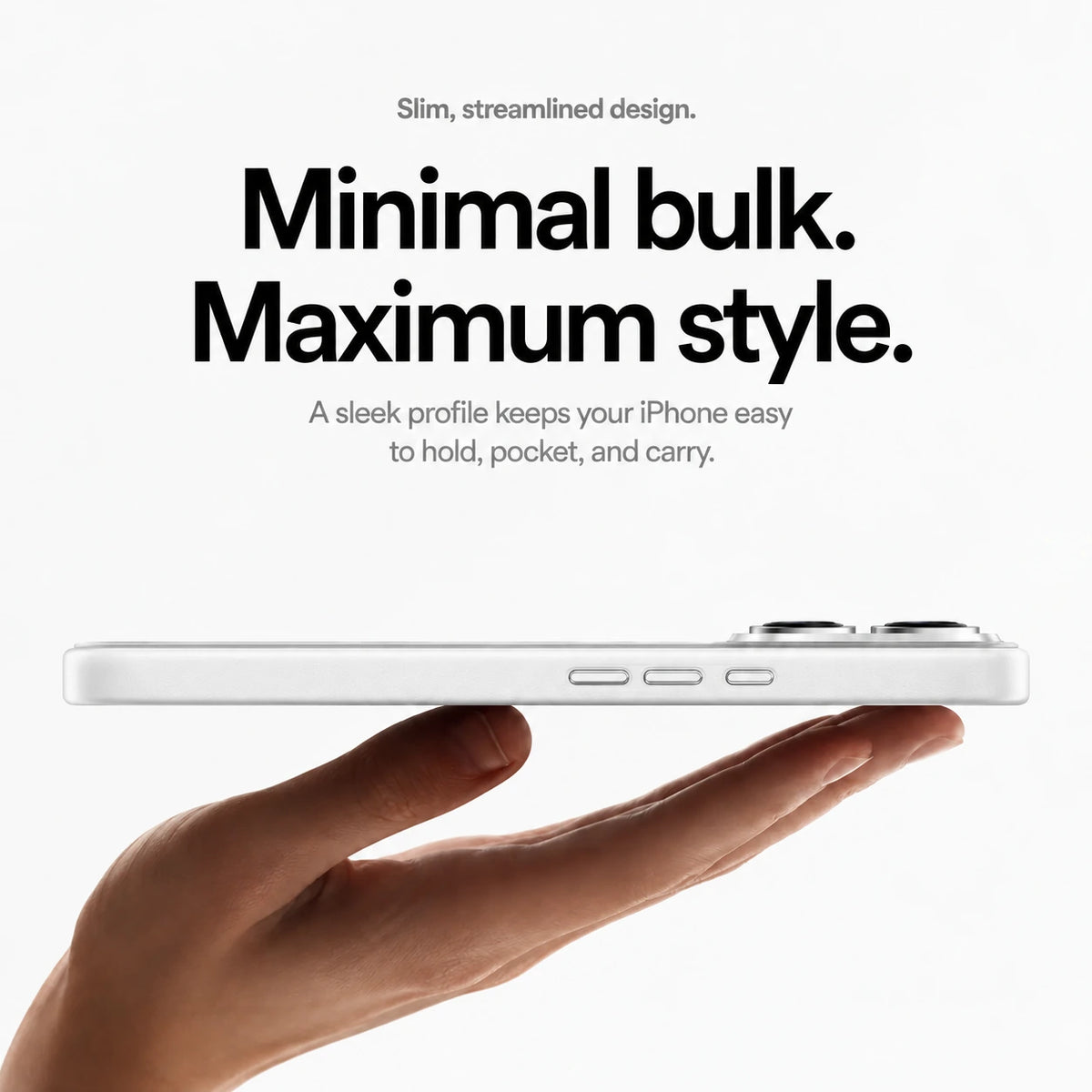 White slim leather phone case resting on a hand in a side profile view #color_Polar White