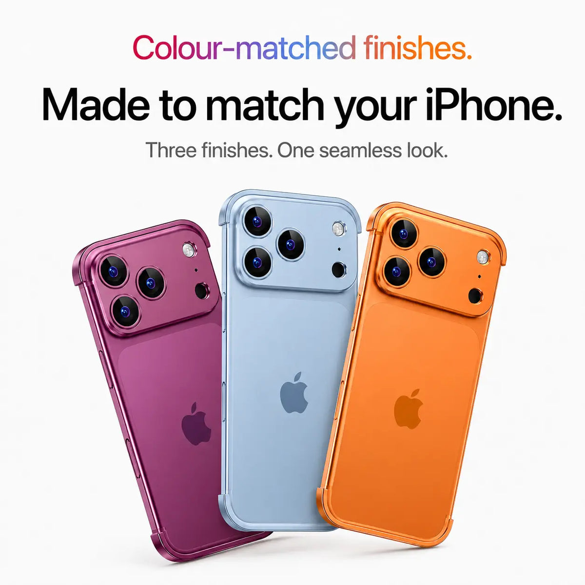 Purple, light blue and orange open-edge phone cases displayed together